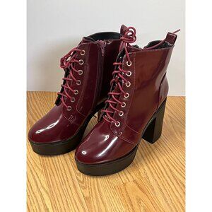 Vintage-Style 7.5 Burgundy Platform Lace-Up Ankle Boots Block Heel Glossy Shine